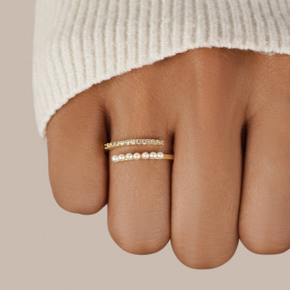 Single Pearl Bead and Crystal Open Wrap Ring