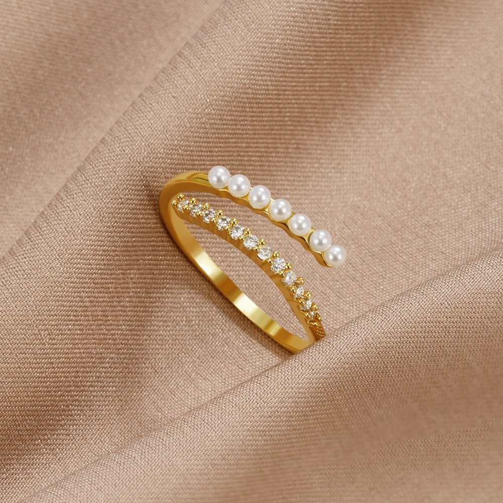 Single Pearl Bead and Crystal Open Wrap Ring
