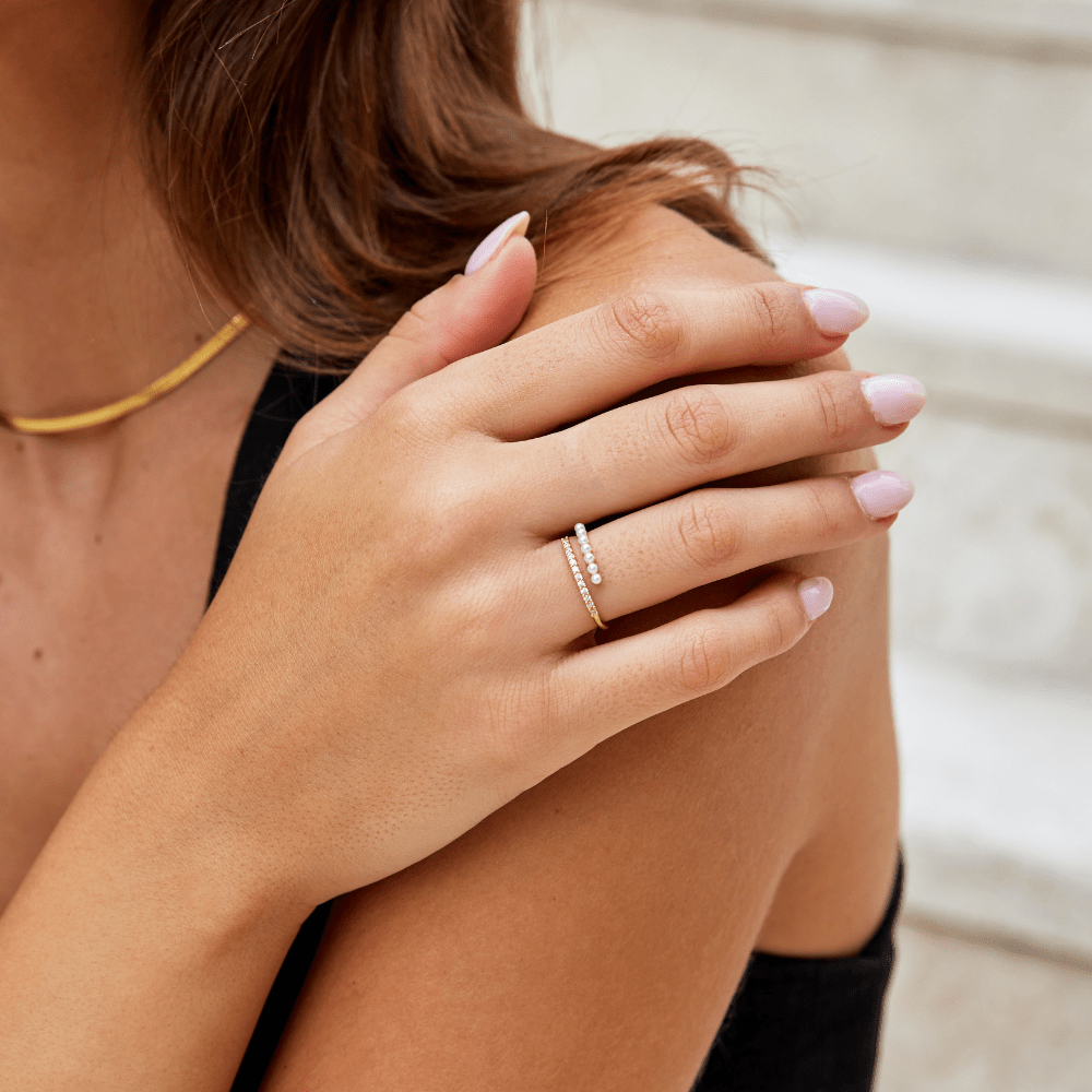 Single Pearl Bead and Crystal Open Wrap Ring