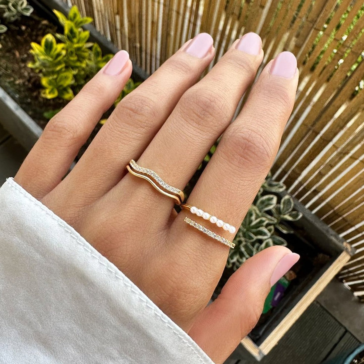 Single Pearl Bead and Crystal Open Wrap Ring
