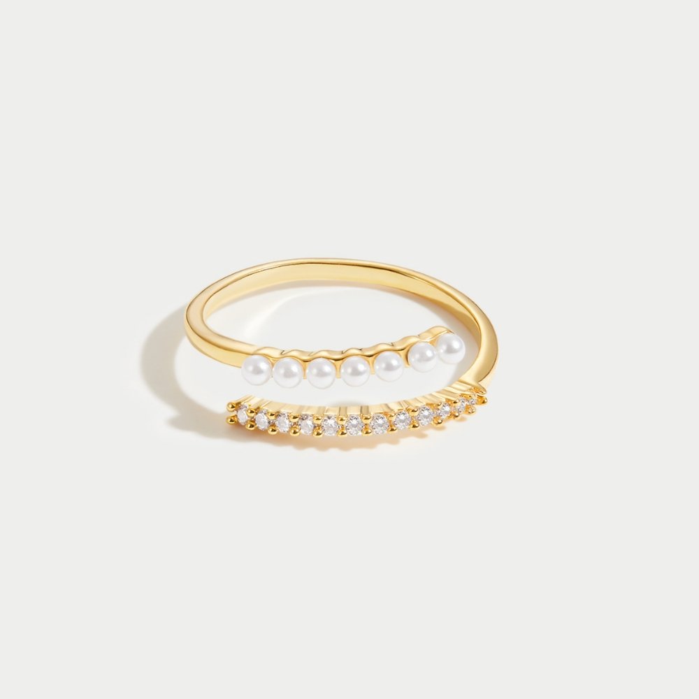 Single Pearl Bead and Crystal Open Wrap Ring