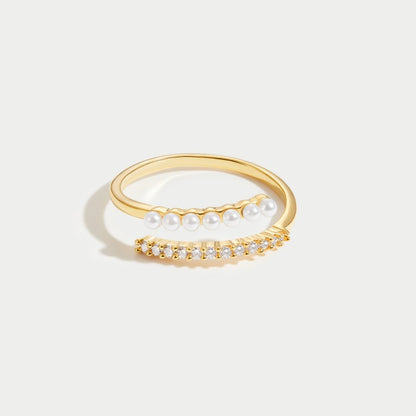 Single Pearl Bead and Crystal Open Wrap Ring