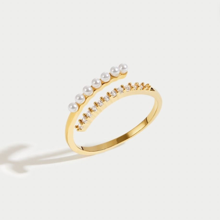 Single Pearl Bead and Crystal Open Wrap Ring