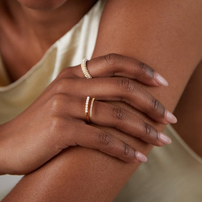 Single Pearl Bead and Crystal Open Wrap Ring